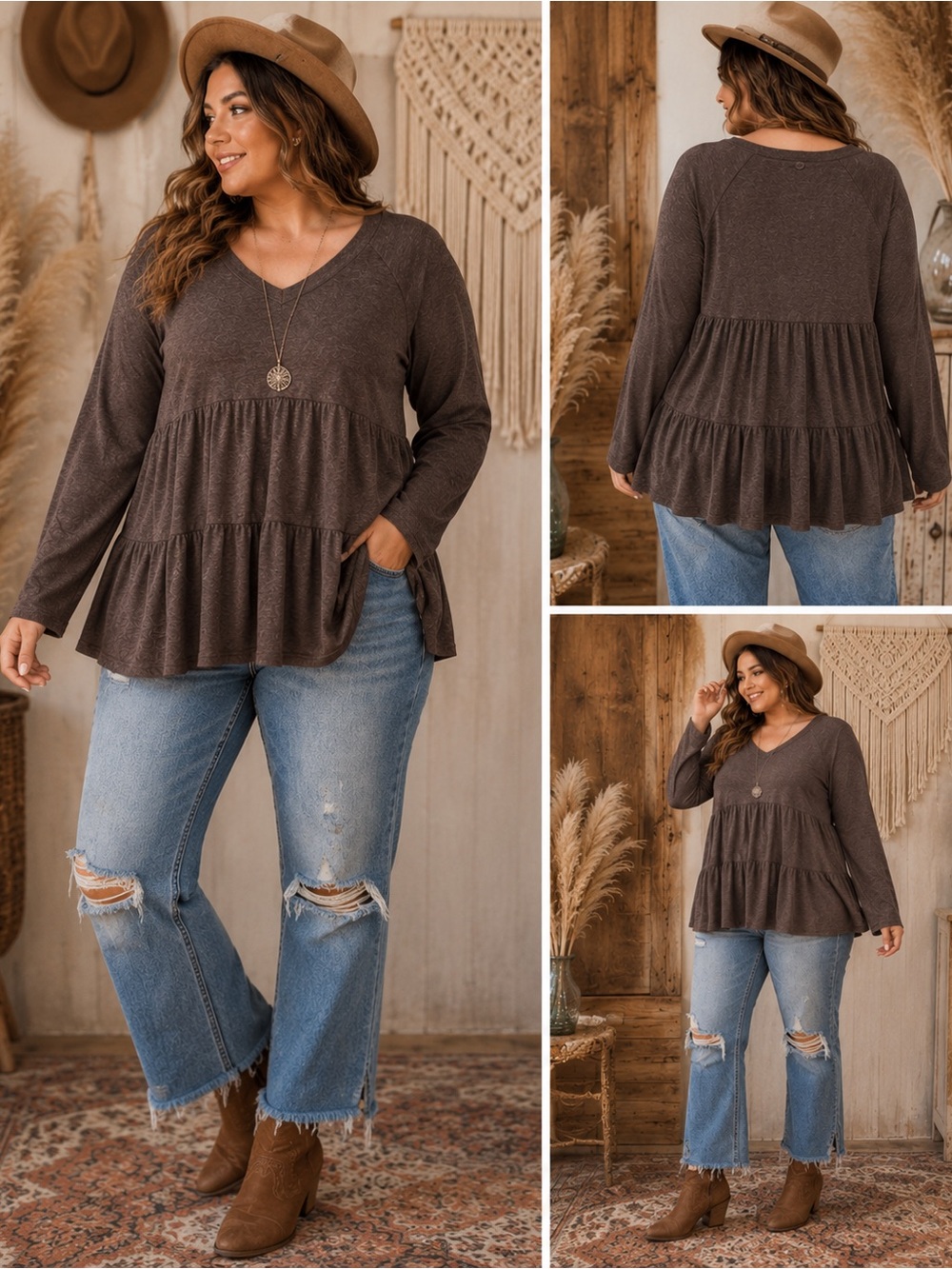 For G and PL Brown Tiered Boho Peplum Top – Size XL